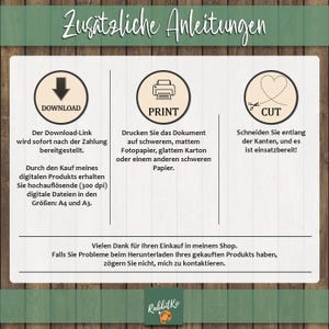 May include: A white rectangular graphic with instructions in German, including icons for download, print, and cut. The text provides guidance on downloading, printing on heavy paper, and cutting along the edges.