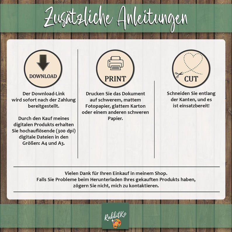 May include: A white rectangular graphic with instructions in German, including icons for download, print, and cut. The text provides guidance on downloading, printing on heavy paper, and cutting along the edges.