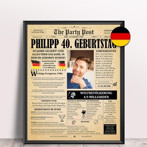 Schönes personalisiertes Geschenk zum 40. Geburtstag für Frauen oder Männer. Ein gelbes Vintage-Zeitungsposter (Fakten aus 1986 Deutschland) im schwarzen Rahmen auf hellem Tisch mit Deutschland-Flagge