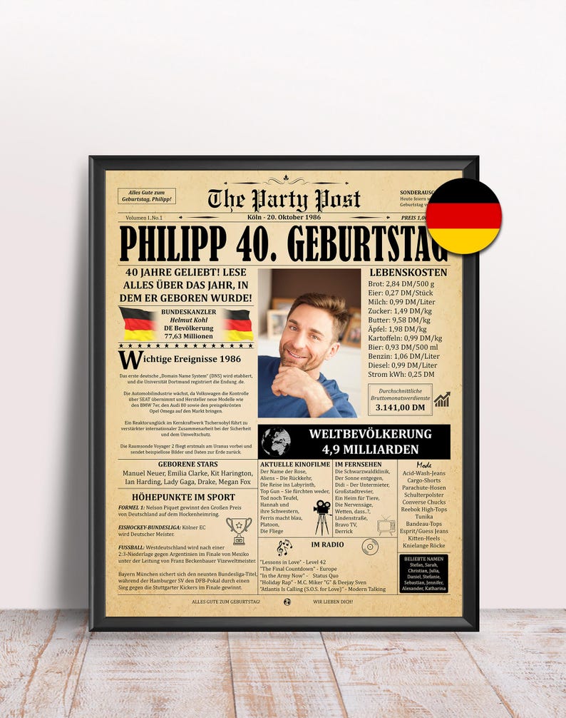 Schönes personalisiertes Geschenk zum 40. Geburtstag für Frauen oder Männer. Ein gelbes Vintage-Zeitungsposter (Fakten aus 1986 Deutschland) im schwarzen Rahmen auf hellem Tisch mit Deutschland-Flagge