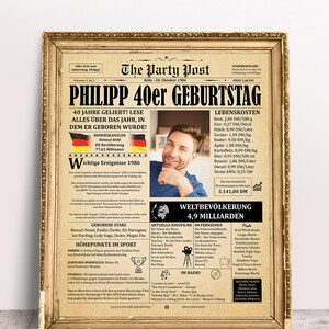 Premium Geschenkidee zum 40. Geburtstag. Gelbes Vintage-Zeitungsposter aus dem Jahr 1986 in einem hochwertigen Goldrahmen für Männer und Frauen.