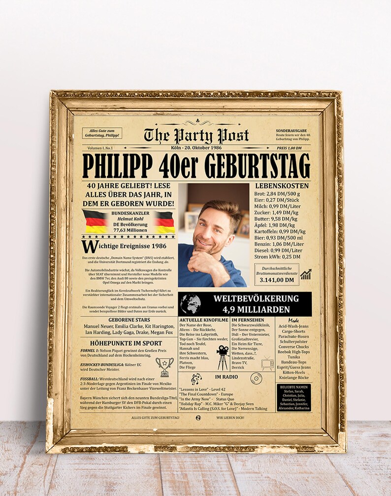 Premium Geschenkidee zum 40. Geburtstag. Gelbes Vintage-Zeitungsposter aus dem Jahr 1986 in einem hochwertigen Goldrahmen für Männer und Frauen.
