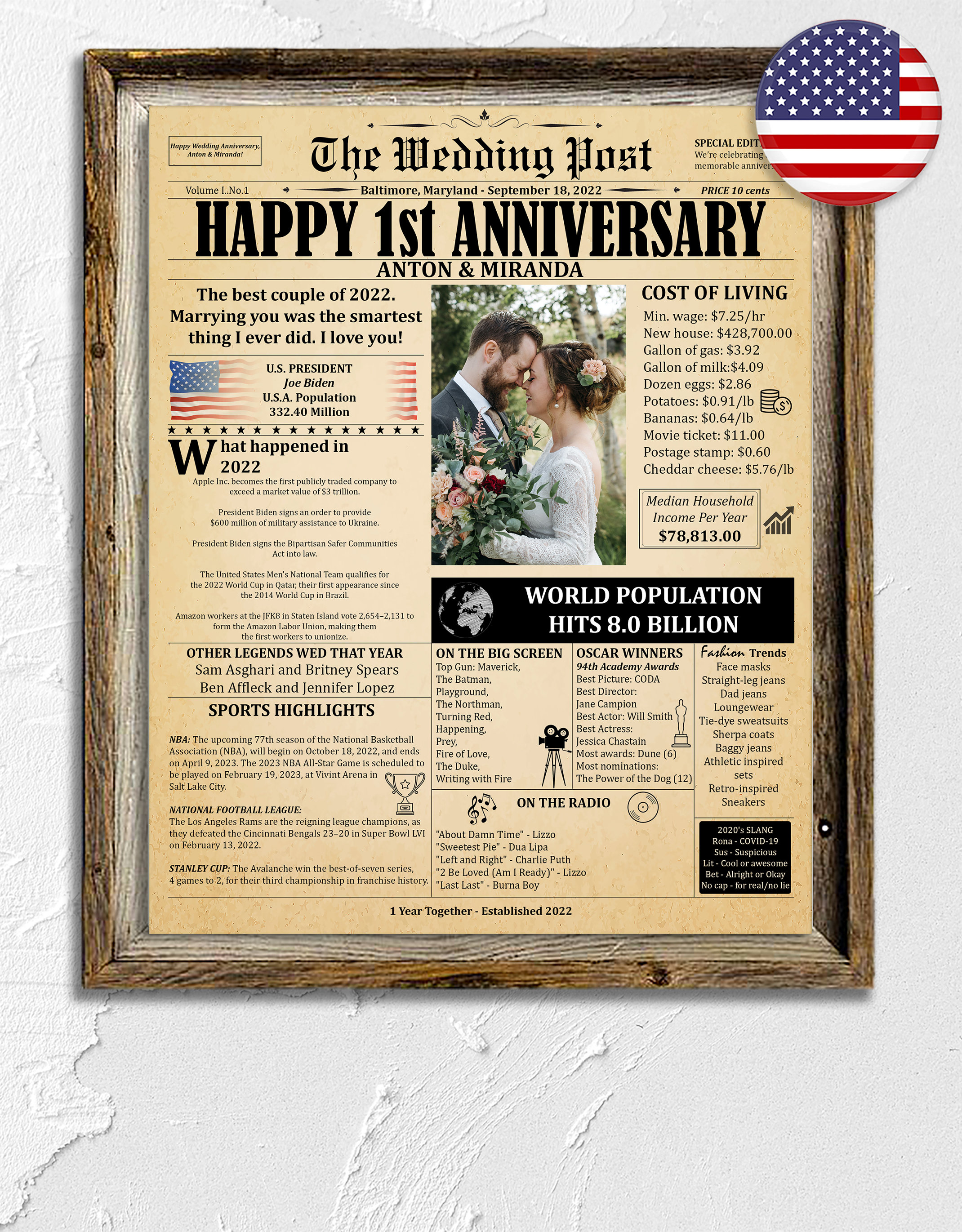 One Year Wedding Anniversary Gift 1st Anniversary Newspaper