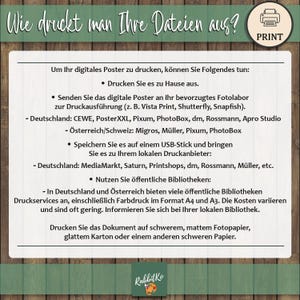 Detaillierte Infografik: Wie und wo man das digitale Geburtstagsposter in Deutschland, Österreich oder der Schweiz ausdrucken kann.