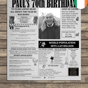 One of the best party decorations that will turn any party into an unforgettable memory. A great addition to your time capsule, resembling an old 1954 newspaper showing what happened in Ireland or the world 70 years ago.