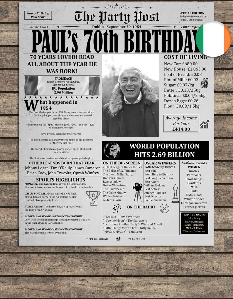 One of the best party decorations that will turn any party into an unforgettable memory. A great addition to your time capsule, resembling an old 1954 newspaper showing what happened in Ireland or the world 70 years ago.