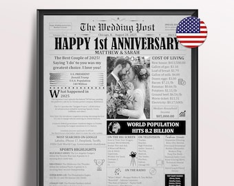 1st Wedding Anniversary Newspaper 2025, Custom Photo Poster, Digital Paper Anniversary Gift
