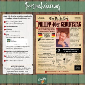 Schritt-für-Schritt-Anleitung zur Personalisierung des 1986 Zeitungsposters zum 40. Geburtstag mit eigenen Texten und Foto.