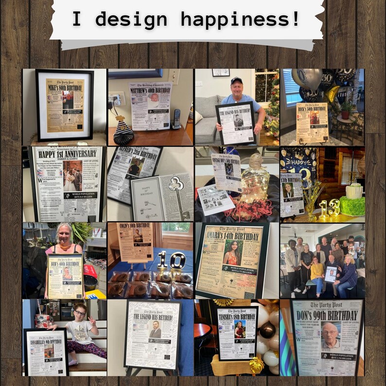 Eine Collage mit Fotos von zufriedenen Kunden, die ihre personalisierten gedruckten Poster für verschiedene Anlässe wie Geburtstage und Jubiläen stolz präsentieren.