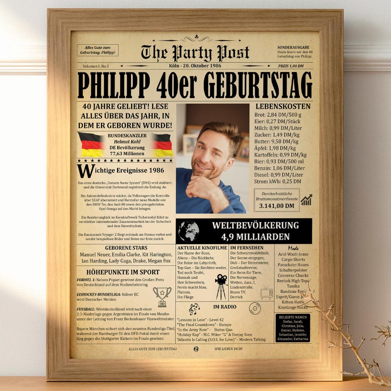 Personalisiertes Geschenk zum 40. Geburtstag. Gelbes Zeitungsposter vom Jahrgang 1986 in einem hellen Holzrahmen, ideal als Party-Deko.