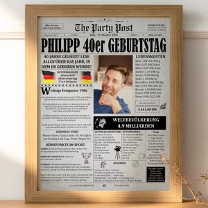 Elegantes graues Vintage-Poster aus dem Jahr 1986. Eine einzigartige Geschenkidee zum 40. Geburtstag in einem modernen hellen Holzrahmen.