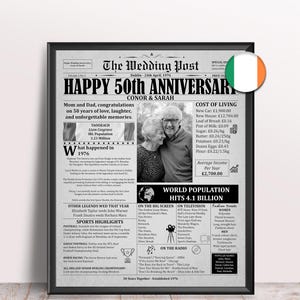 50th Golden Anniversary Gift for Parents - 1976 Ireland Newspaper Poster : Wedding Party Decor