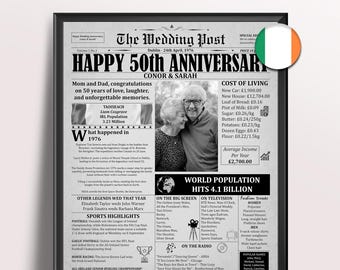 50th Golden Anniversary Gift for Parents - 1976 Ireland Newspaper Poster : Wedding Party Decor