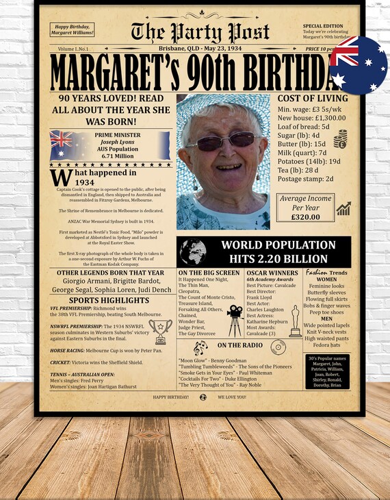 90th Birthday Newspaper Gift for Grandma or Grandpa 1934 in
