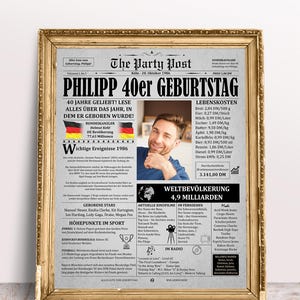 Stilvolles Geschenk zum 40. Geburtstag. Graues Jahrgang 1986 Zeitungsposter, edel präsentiert in einem luxuriösen Goldrahmen.