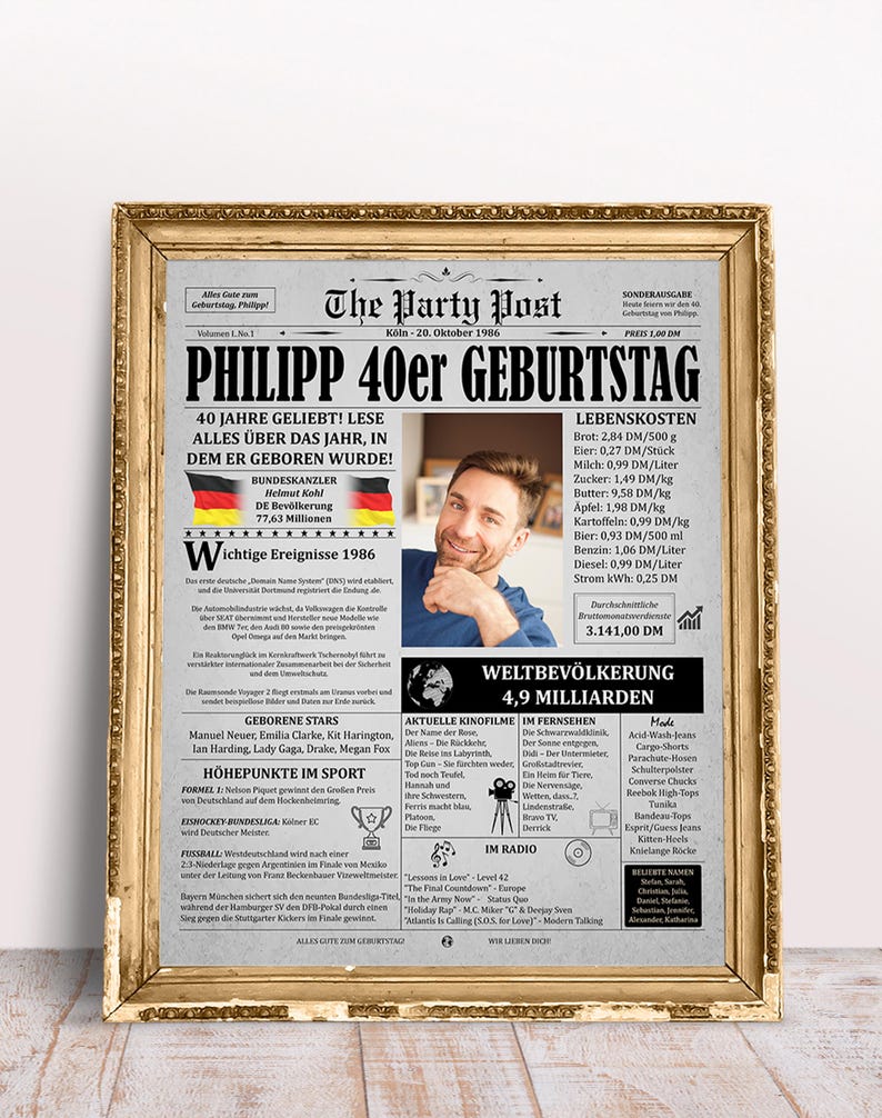 Stilvolles Geschenk zum 40. Geburtstag. Graues Jahrgang 1986 Zeitungsposter, edel präsentiert in einem luxuriösen Goldrahmen.