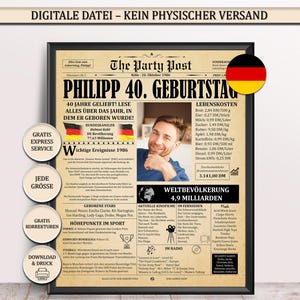 Meilenstein Deko zum 40. Geburtstag. Ein personalisiertes gelbes Zeitungsposter aus dem Jahr 1986 in einem schwarzen Rahmen auf hellem Hintergrund. Perfekt als Geburtstagsgeschenk oder Party-Deko.