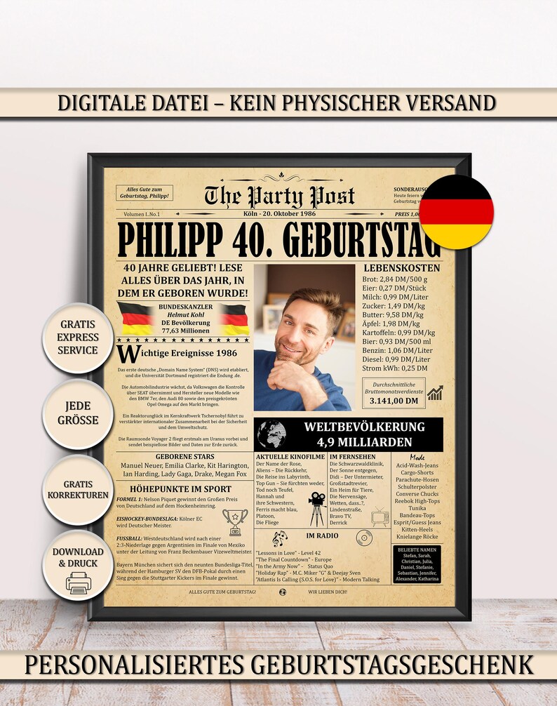Meilenstein Deko zum 40. Geburtstag. Ein personalisiertes gelbes Zeitungsposter aus dem Jahr 1986 in einem schwarzen Rahmen auf hellem Hintergrund. Perfekt als Geburtstagsgeschenk oder Party-Deko.