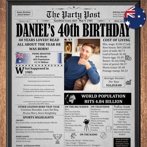 40th Birthday Gift Australia, Born in 1985 Digital Poster, Personalized Newspaper With Fun Facts, Custom Keepsake for Him or Her