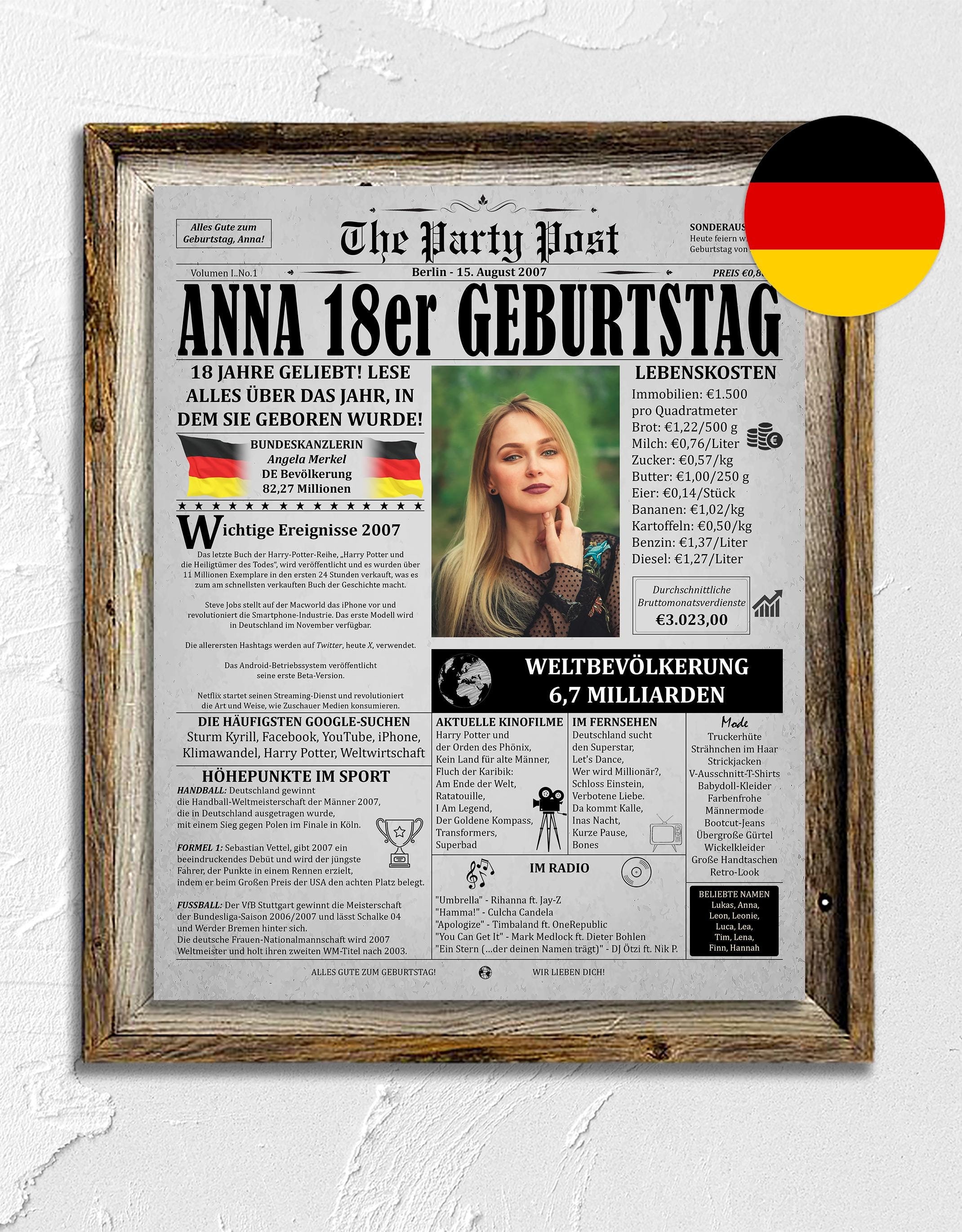 18. Geburtstagsgeschenk für Jungen oder Mädchen | 2007 in Deutschland – Artikel | Personalisiertes Zeitungsposter voller lustiger Fakten