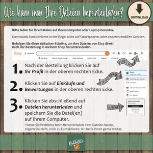 May include: A guide on how to download files from Etsy, with instructions in German. The image shows a screenshot of the Etsy website with arrows pointing to the profile, purchases, and download sections. The text includes the Etsy logo and a call to action.