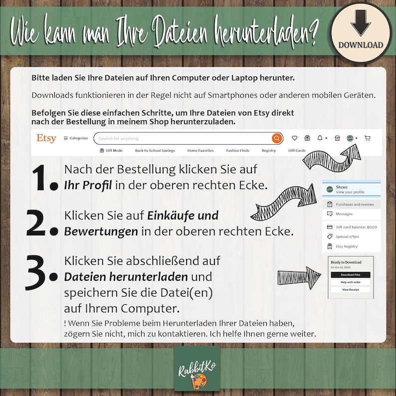 May include: A guide on how to download files from Etsy, with instructions in German. The image shows a screenshot of the Etsy website with arrows pointing to the profile, purchases, and download sections. The text includes the Etsy logo and a call to action.
