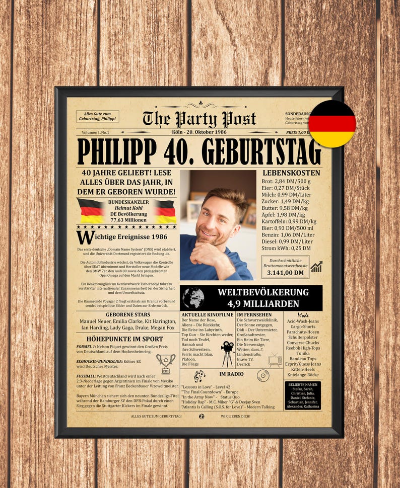 Einzigartige Geschenkidee zum 40. Geburtstag für jemanden, der 1986 geboren wurde. Gerahmtes gelbes Poster im Stil einer historischen deutschen Zeitung mit Deutschland-Flagge auf Holz Hintergrund.