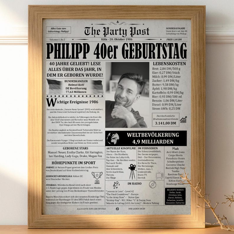 Klassisches Schwarz-Weiß-Zeitungsposter zum 40. Geburtstag. Personalisiertes Geschenk aus dem Jahr 1986, gerahmt im hellen Holzrahmen.