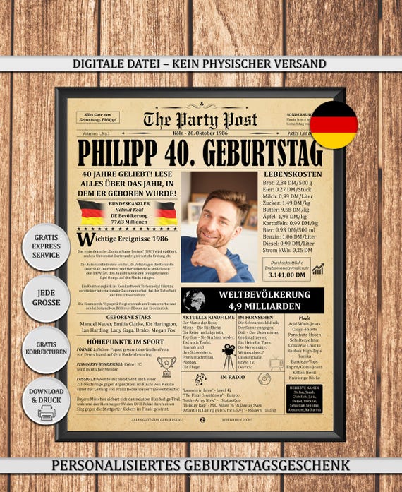 Personalisiertes Geschenk 40 Geburtstag Mann Frau, 1986 Jahrgang Zeitung Poster, Digitale Meilenstein Deko