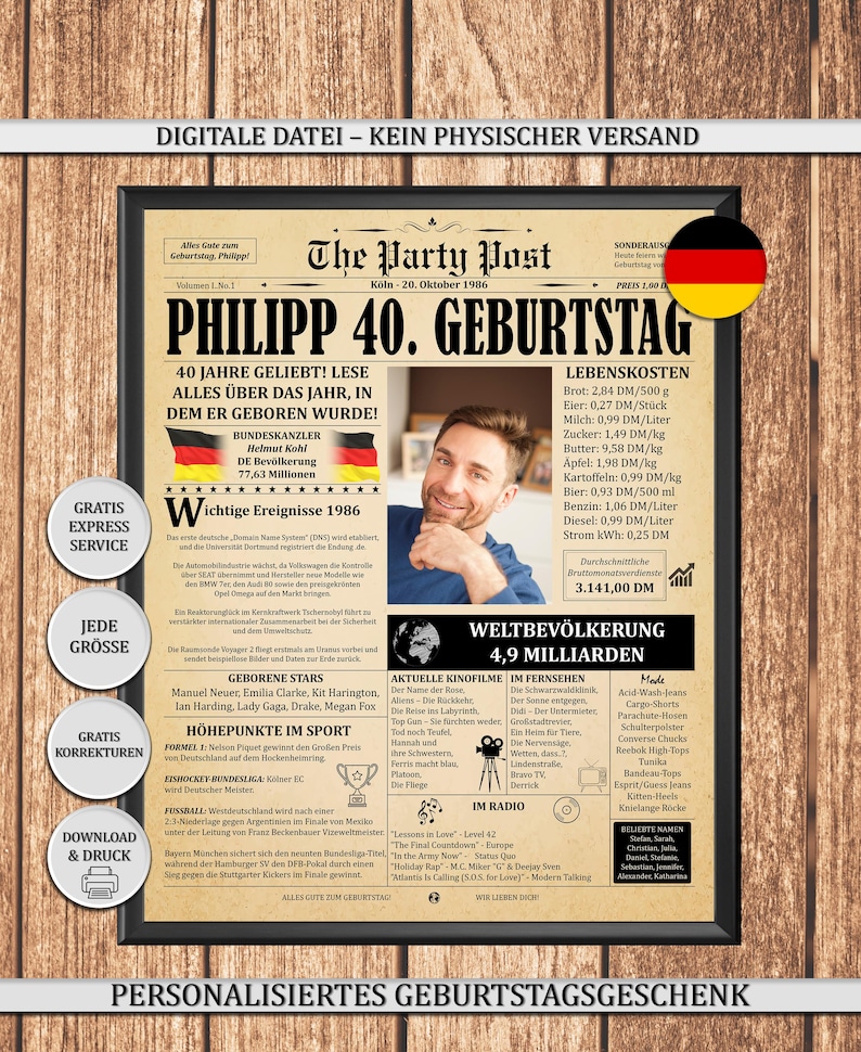 Personalisiertes Geschenk zum 40. Geburtstag (Jahrgang 1986) für Männer und Frauen. Ein gelbes Vintage-Zeitungsposter in schwarzem Rahmen auf rustikalem Holzhintergrund. Inklusive Service-Badges für Express-Bearbeitung.