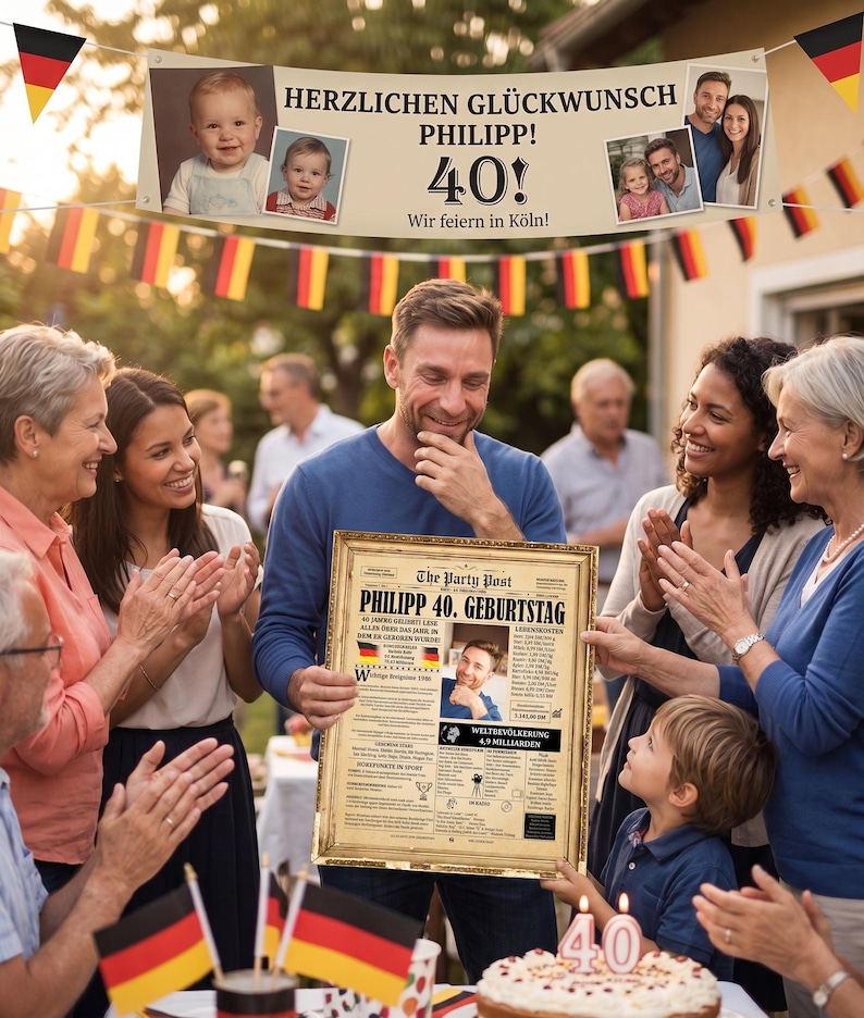 Ein glücklicher Mann feiert seinen 40. Geburtstag und hält freudig sein personalisiertes 1986 Zeitungsposter, das er von seiner Familie geschenkt bekommen hat. Emotionale Feier im Freien mit perfekter Meilenstein-Deko.