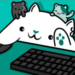 May include: A white cat with a green paw print on its belly is sitting at a desk with a black keyboard. There are several small cartoon cats in various colors sitting on the cat's back and on the desk.