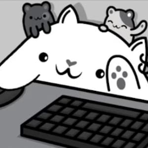 May include: A white cat with a black keyboard and four smaller cats. The larger cat is sitting at the keyboard with its paws on the keys. The smaller cats are sitting on the cat's back and on the edge of the keyboard.
