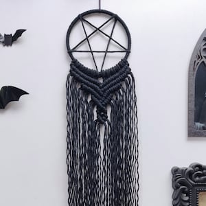 Black Macrame Inverted Pentagram Wall Hanging: Gothic Pagan Decor