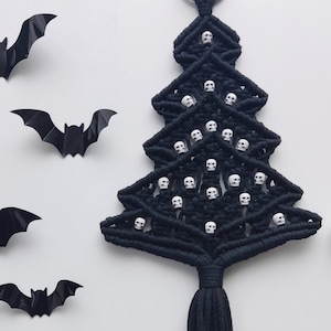 Gothic Macrame Christmas Tree: Skull Bead Holiday Wall Hanging