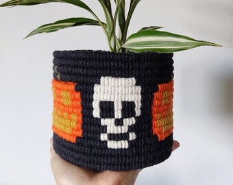 Skull Pumpkin Macrame Plant Pot Cover, Gothic Spooky Plant Decor, Recycled Cotton Cord