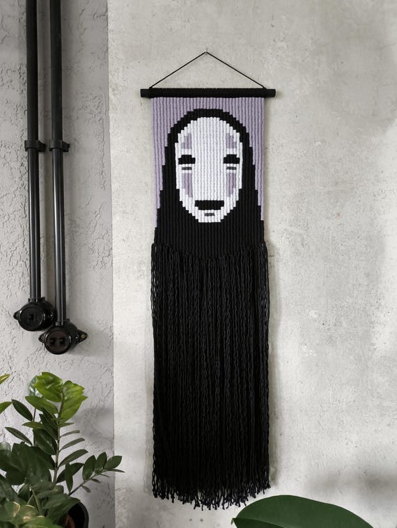 Anime Pixel Macrame Wall Hanging, Ghostly Character Art, Recycled