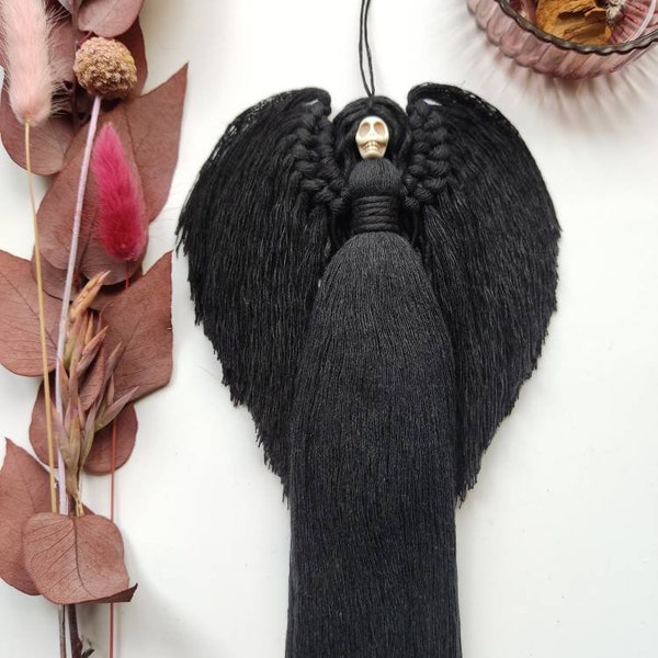 The Goddess of Darkness macrame ornament, Gothic wall decor, Gothic Gift, Witchy gift, Skull Angel, Christmas ornament, Christmas gift