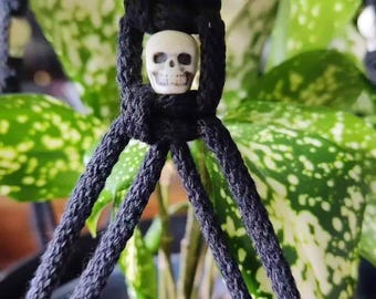 Black Macrame Plant Hanger with Skull Beads: Gothic Home Decor