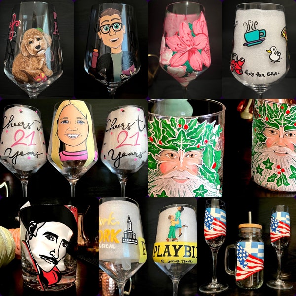 Design your own hand painted glass. Please order at least 3 weeks before glass is needed! See photos for examples of past orders.