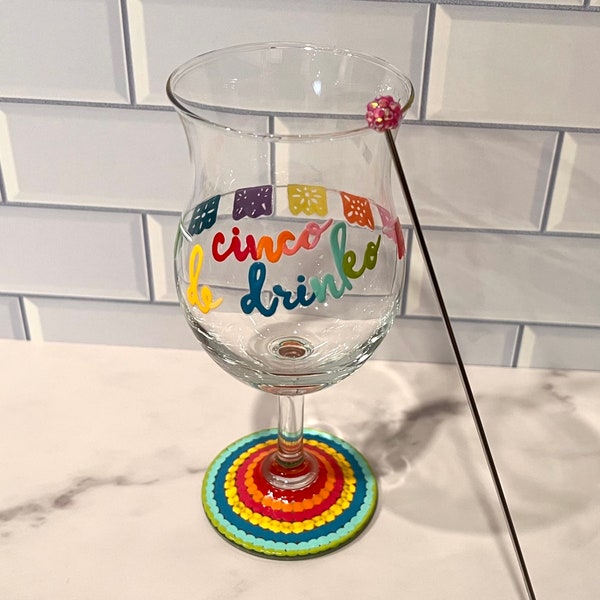 Cocktail glass with fruit skewer!  Hand painted Cinco de Mayo glass.