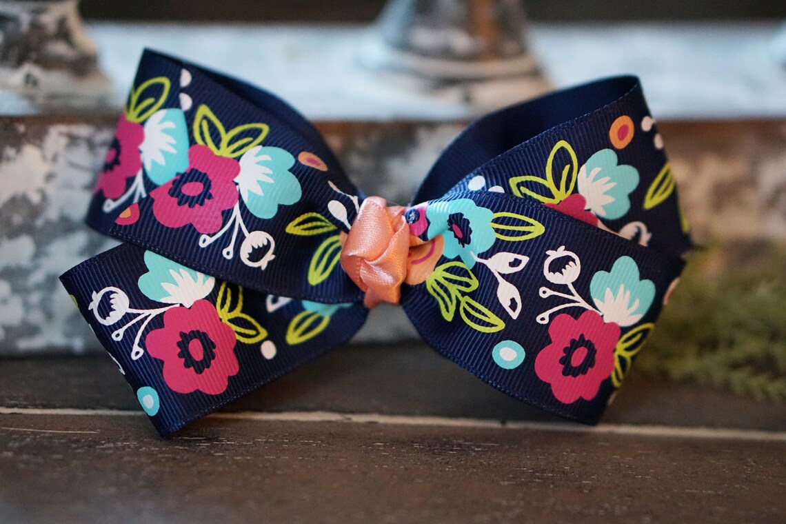Yellow and Blue Floral Hair Bow - wide 4