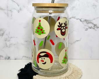 Sugar Cookie Christmas Glass Cup, Nostalgia Christmas, Snowman Reindeer Tree Cookies Cup, Christmas Glassware, Glass Can with Lid and Straw