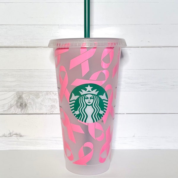 ANY COLOR Cancer Ribbon Starbucks Cup, Breast Cancer Awareness Cup, Starbucks Cup with Ribbons, Survivor Cup, Personalized Starbucks Cup