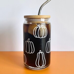 Outline Pumpkin Glass Cup, Halloween Glass Cup, Pumpkin Glass, Halloween Glassware, Glass Can with Lid and Straw, Spooky Gift