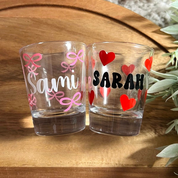 Valentines Day Shot Glass, Pink Bow Heart Shot Glass, Bar Cart Accessory, Galentines Day Gift, Girlfriend Gift, 2oz Shot Glass Personalized