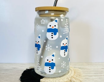 Color Changing Snowman Glass Cup, Christmas Winter Glass Can, Color Changing Cup for Christmas, Christmas Glassware, Christmas Gift for Her