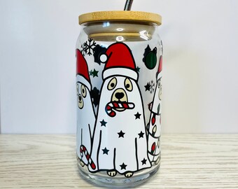 Ghost Dog Glass Can, Christmas Glass Can, Ghost Dog Cup, Christmas Coffee Cup, Winter Glassware, Christmas Gift for Her, Dog Lover Gift