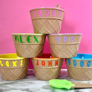 Personalized Kids Ice Cream Bowl and Spoon Set, Ice Cream Birthday Party Favors, Custom Ice Cream Cup, Christmas Gift for Ice Cream Lover