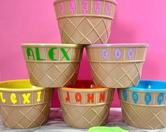 Personalized Kids Ice Cream Bowl and Spoon Set, Ice Cream Birthday Party Favors, Custom Ice Cream Cup, Christmas Gift for Ice Cream Lover